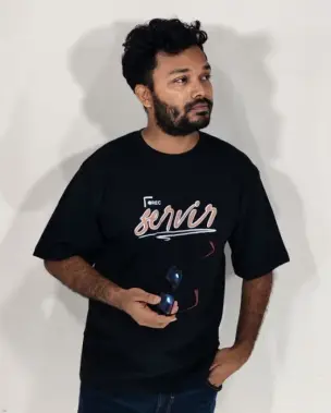 Premium Relaxed Fit "REC" Typography T-Shirt - Solid Black