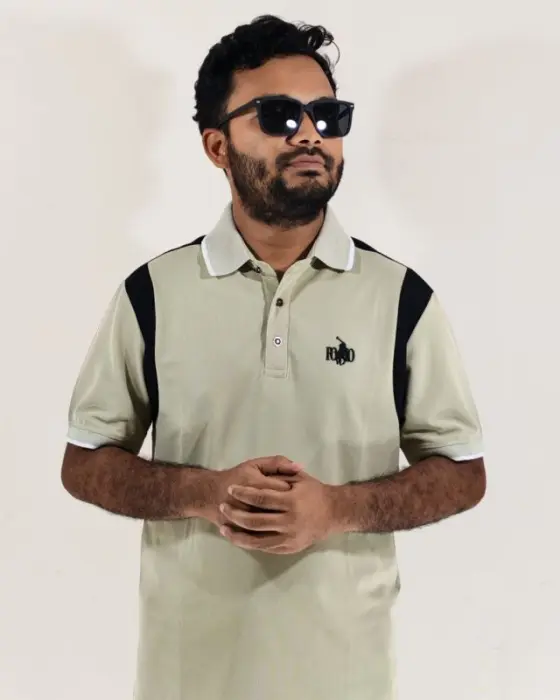 Premium Men's Cortton Polo Shirt – Light Olive Green & Black Color-Block Sporty Athletic Polo