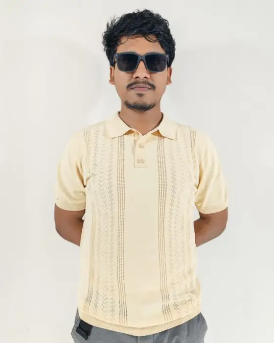 Premium Men's Chaina Knit Polo Shirt – Elegant Beige Vintage Cable & Chain Textured Polo