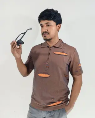 Premium Men's Distressed Knit Jersey Polo Shirt – Coffee Brown with Orange Layered Ripped Design & Quarter-Zip Collar