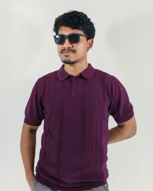 Premium Men's Knit Knitwear Polo Shirt – Deep Plum Purple Vintage Cable & Chain Textured Polo