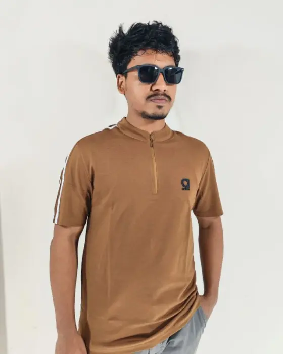 Men's Sporty China Quarter-Zip Jersey T-Shirt – Trendy Camel Brown with Sleeve Stripes & Chest Embroidery