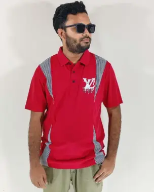 Premium Men's Jersey Polo Shirt – Vibrant Red with Vertical Striped Shoulder Panels & Graphic Chest Print