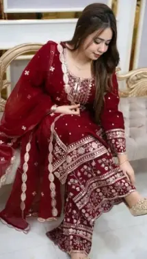 Premium Georgette Embroidered Sharara Three-Piece Suit with Sequined Organza Dupatta