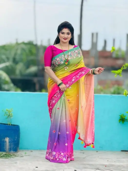 Premium Japanese Silk Saree for Women – Vibrant Multicolored Gradient Floral Design with Matching Blouse Piece