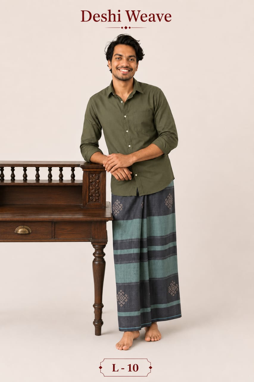 Deshi Weave Premium Cotton Lungi for Men (L-10) – Contemporary Charcoal Black & Mint Green Panel Design