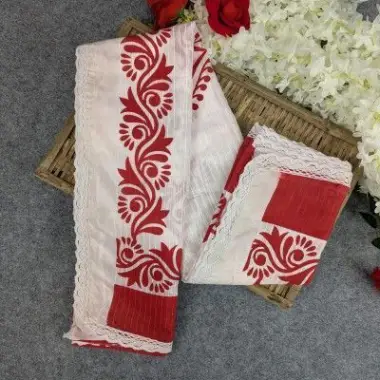 Half Silk Screen Print Saree – White |